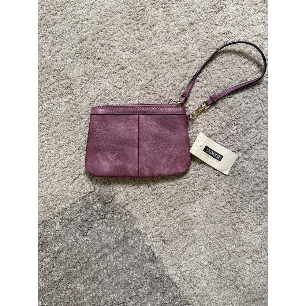 Wilsons Leather Plum Purple Pebbled Leather Wristlet Pouch Gold Tone Hardware